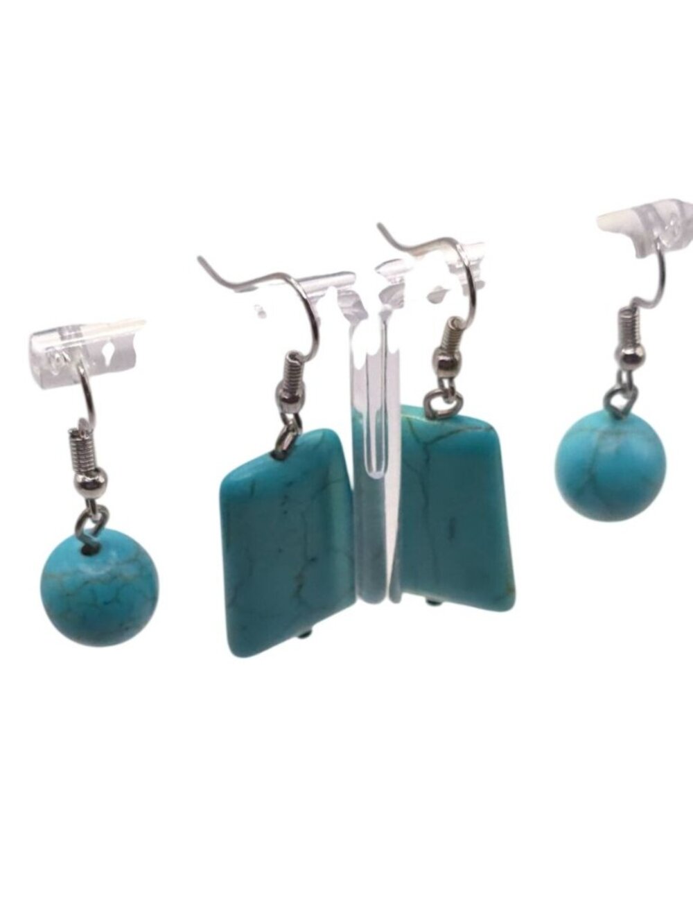 Turquoise Stone Dangle Earrings Set With Rectangular & Round Stone Design - Picture 3 of 4